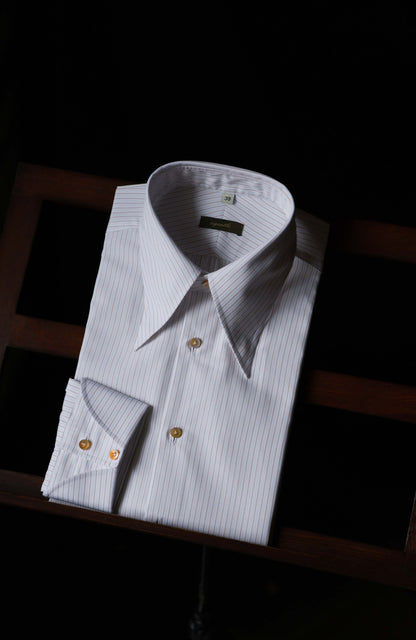 Handcrafted Long Point Collar Shirt — Budapest Brown Pencil Stripe