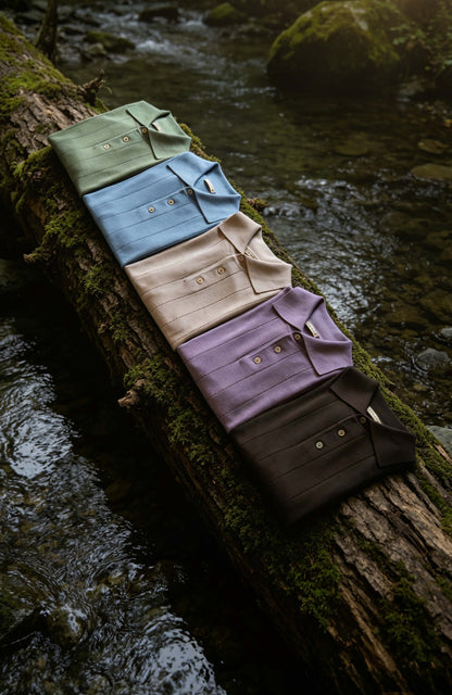 Lyocell-Cotton Linen Blend Ribbed Knit Polo Shirt — Lavender Mist