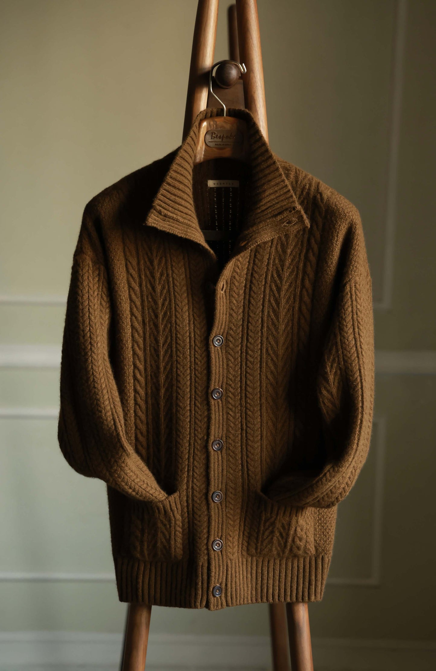 Aran-Cable Wool Cardigan High-Neck Sweater — Walnut Brown