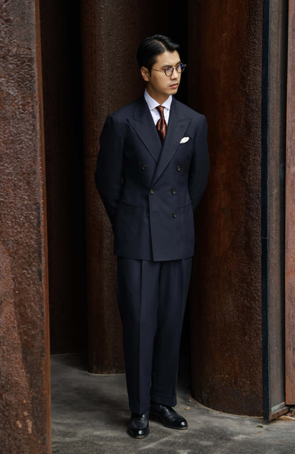 High-Waisted Suit Trousers with Parisian Side Adjusters — Navy Herringbone