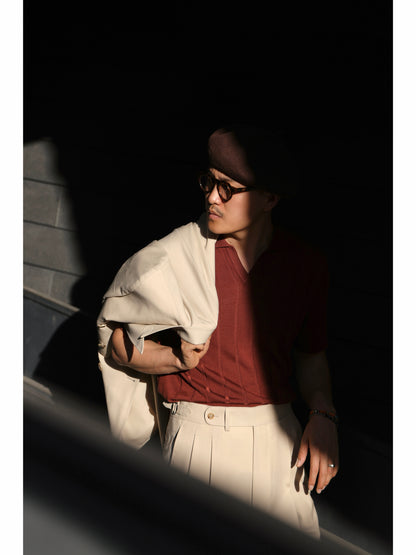 「Tramonto Caramello」Mulberry silk-cashmere blend Unisex Knit Short-Sleeve Polo Shirt