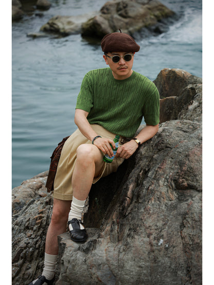 「Bamboo Emerald」cable stitch linen Unisex Dropped-shoulder sleeve Knit Short-Sleeve T-Shirt