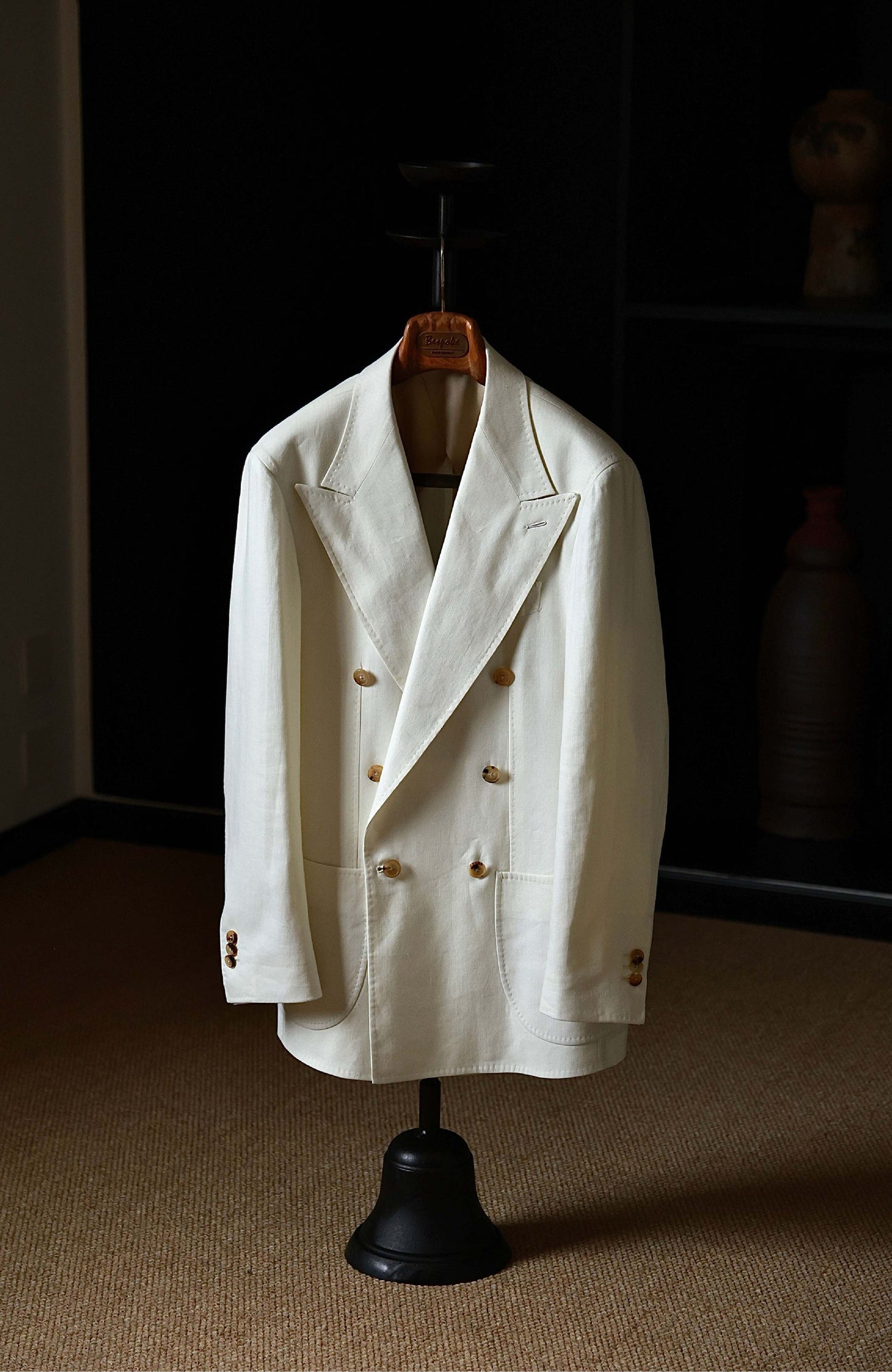 Tussah Silk-Linen Blend Textured Twill Half-Canvas Double-Breasted Suit Jacket — Wheat White