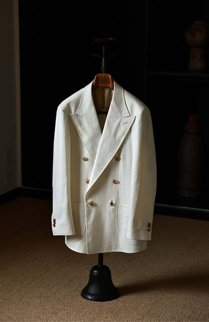 Tussah Silk-Linen Blend Textured Twill Half-Canvas Double-Breasted Suit Jacket — Wheat White