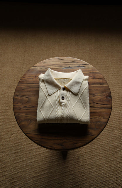 Linen Vintage Braided Unisex Knit Polo — Apricot White