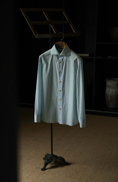 SÖKTAS Cotton Handcrafted Cutaway Collar Shirt — Tuscan Green Stripe