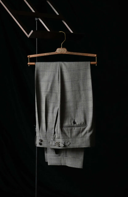 High-Waisted Suit Trousers with Parisian Side Adjusters — Grey Prince of Wales Check