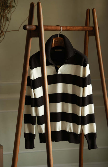 Cashmere Cotton Polo Sweater — Brown White Bold Stripe