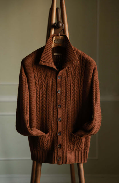 Aran-Cable Wool Cardigan High-Neck Sweater — Maple Red