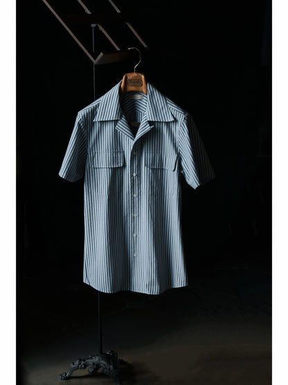 Cuban Collar Short Sleeve Shirt — Navy Stripe Seersucker