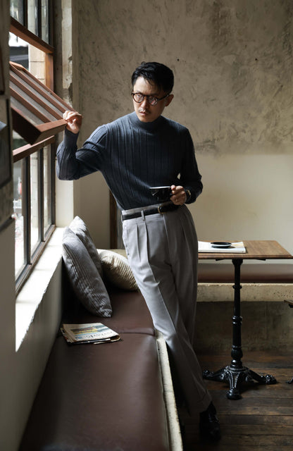 100% Merino Wool Ribbed Mock Neck Sweater — Volcanic Grey