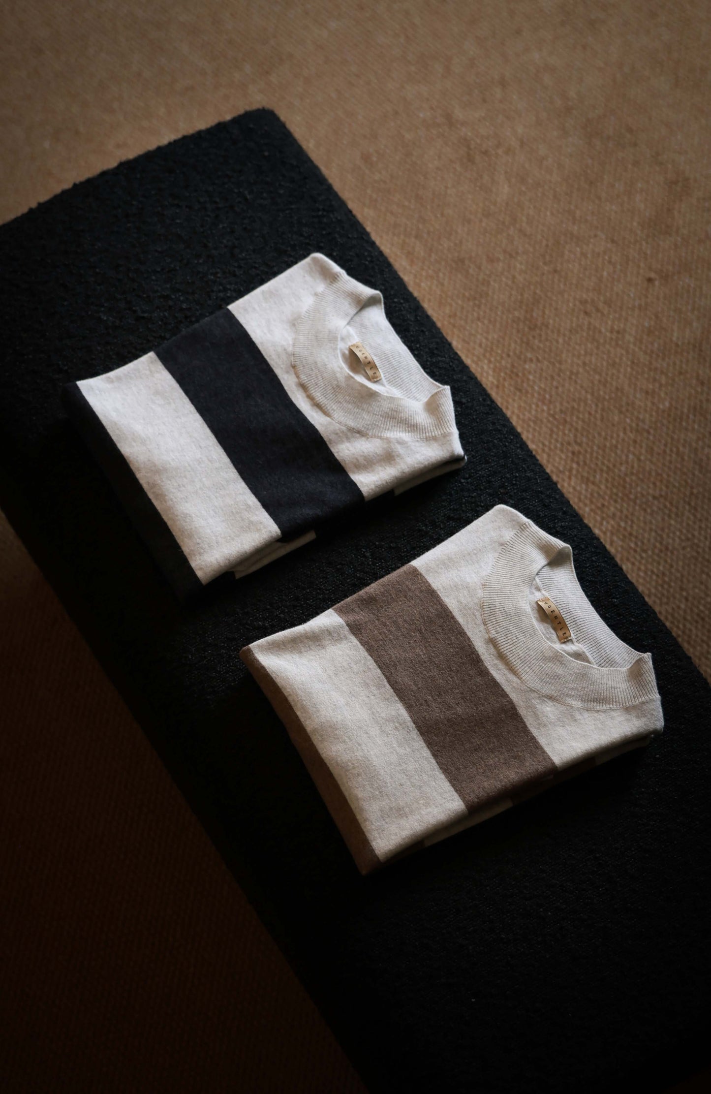 Cashmere-Cotton Knit Mock Neck T-Shirt — Shadow Grey Stripe