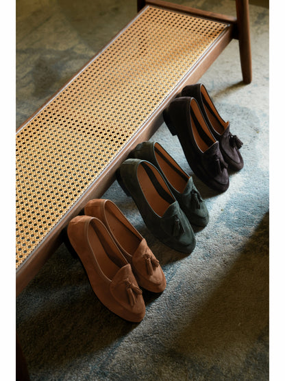 「Cocoa Truffle」Belgian Suede Loafers with Calfskin Sole Blake Stitched & Italian Lambswool Lined