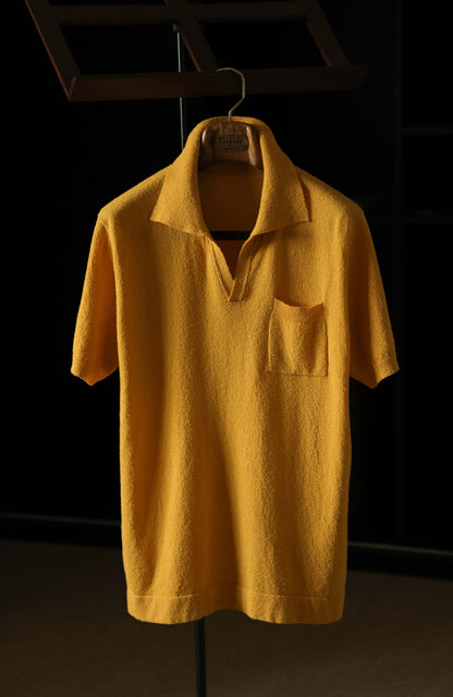 Combed Cotton Terry-Textured Knit Short-Sleeve V-Neck Polo — Gardenia Yellow