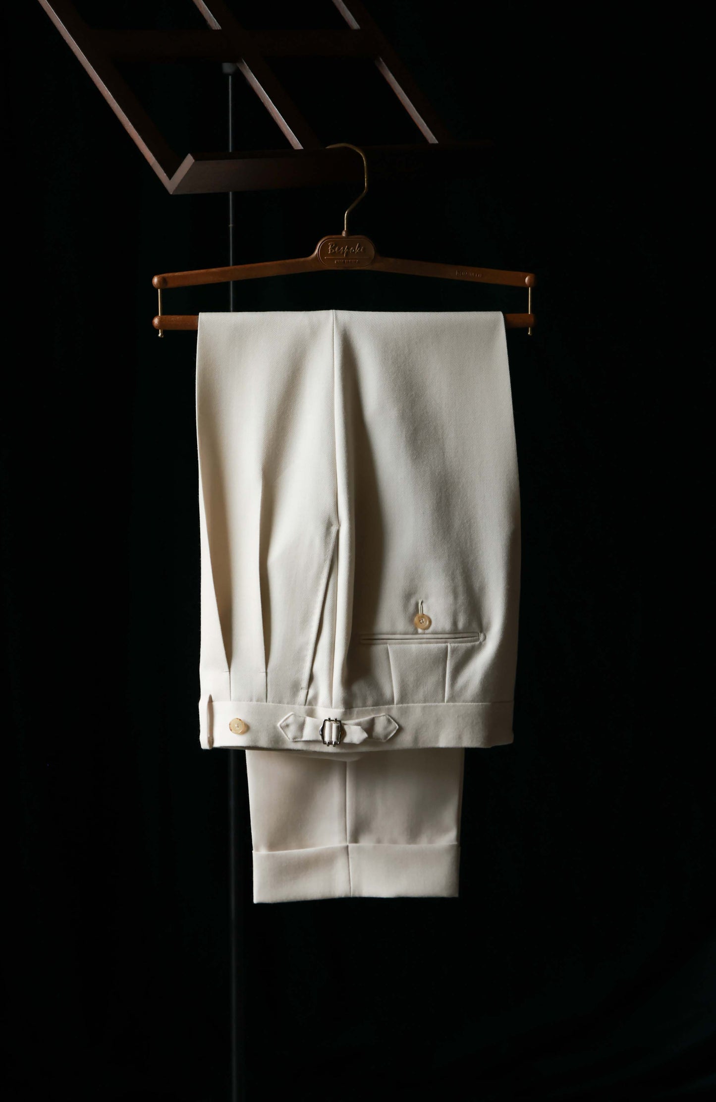 High-Waisted Cavalry-Wool Suit Trousers with Parisian Side Adjusters — Heritage White