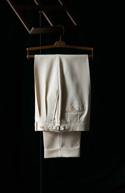 High-Waisted Cavalry-Wool Suit Trousers with Parisian Side Adjusters — Heritage White