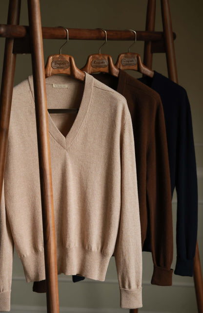 High-Waisted Wool-Cashmere V-Neck Sweater — Oatlight Beige