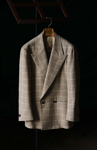 MOON Full-Canvas Double-Breasted Silk & Linen Suit Jacket — Taupe Windowpane