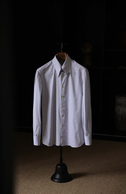 CANCLINI Cotton Handcrafted Long Point Collar Shirt — Dusty Blue Stripe