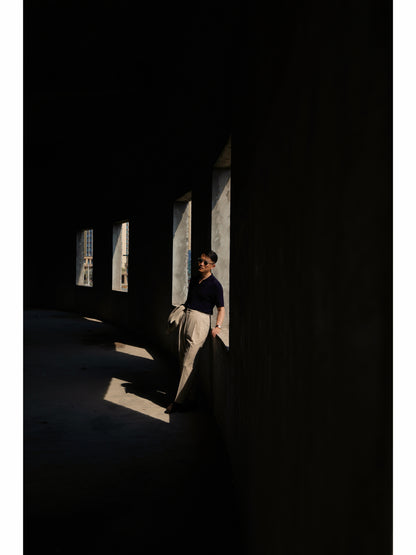 「Notturno Blue」Mulberry silk-cashmere blend Unisex Knit Short-Sleeve Polo Shirt