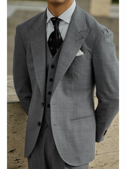 「London Grey」Italian-style Peaked Lapel Merino Wool Suit Jacket