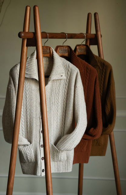 Aran-Cable Wool Cardigan High-Neck Sweater — Speckled Ivory