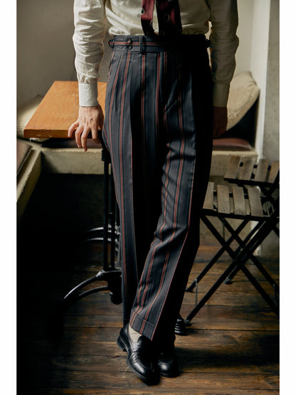 「Vintage Venetian Stripe」Suit Trousers with Italian-style Pure-wool Parisian Side Adjusters and High-Waisted