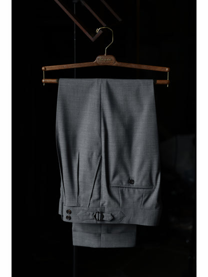 「London Grey」Suit Trousers with Merino Wool Parisian Side Adjusters and High-Waisted Double-Pleated