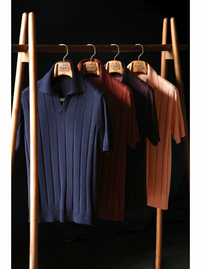 「Cold Sea Coral」Mulberry silk-cashmere blend Unisex Knit Short-Sleeve Polo Shirt