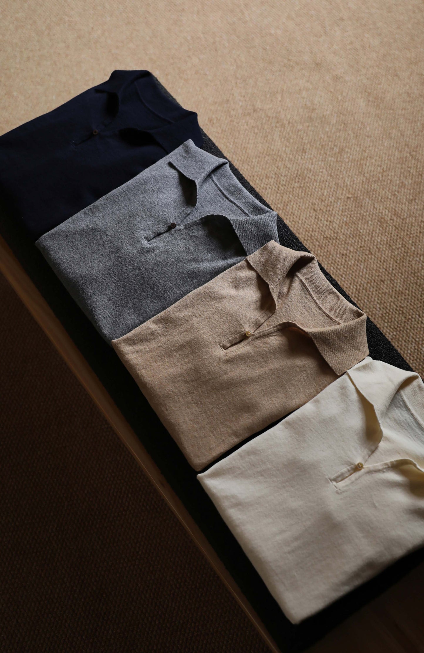 Cashmere Cotton 16-Gauge Knit Polo — Misty White/ Misty Navy