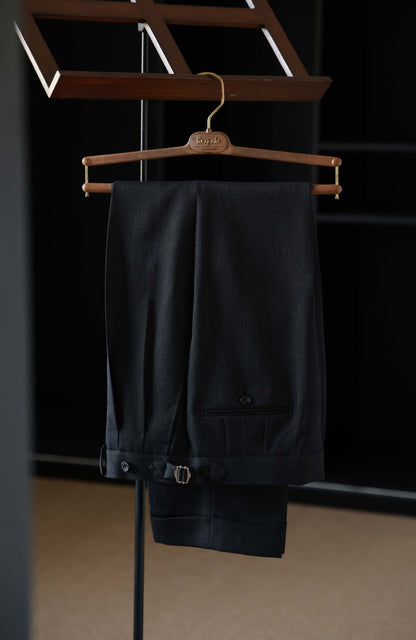 Heavyweight Cavalry Twill Wool High-Waisted Suit Trousers with Parisian Side Adjusters — Graphite Grey