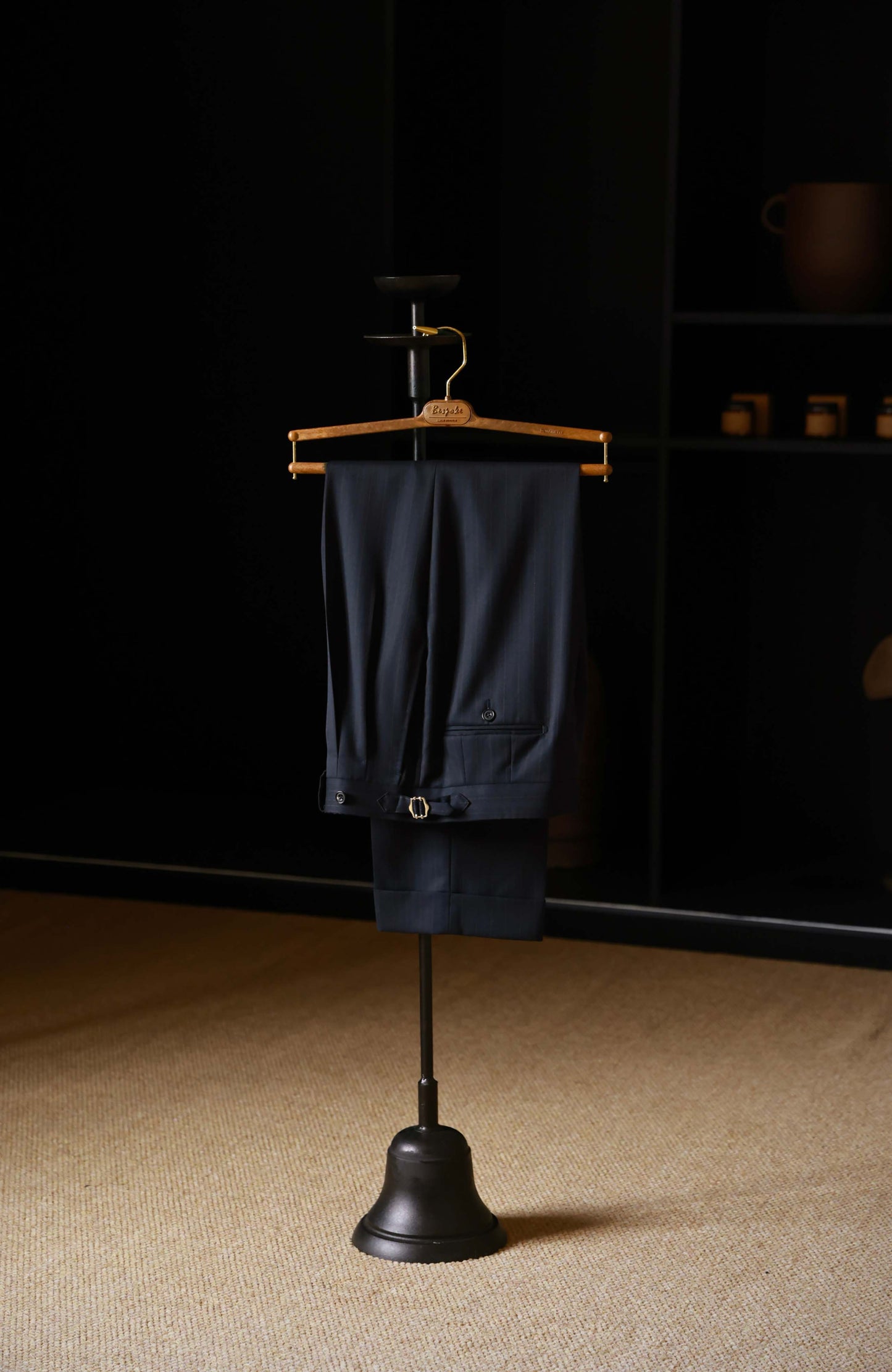 High-Waisted Suit Trousers with Parisian Side Adjusters — Opera Navy Stripe