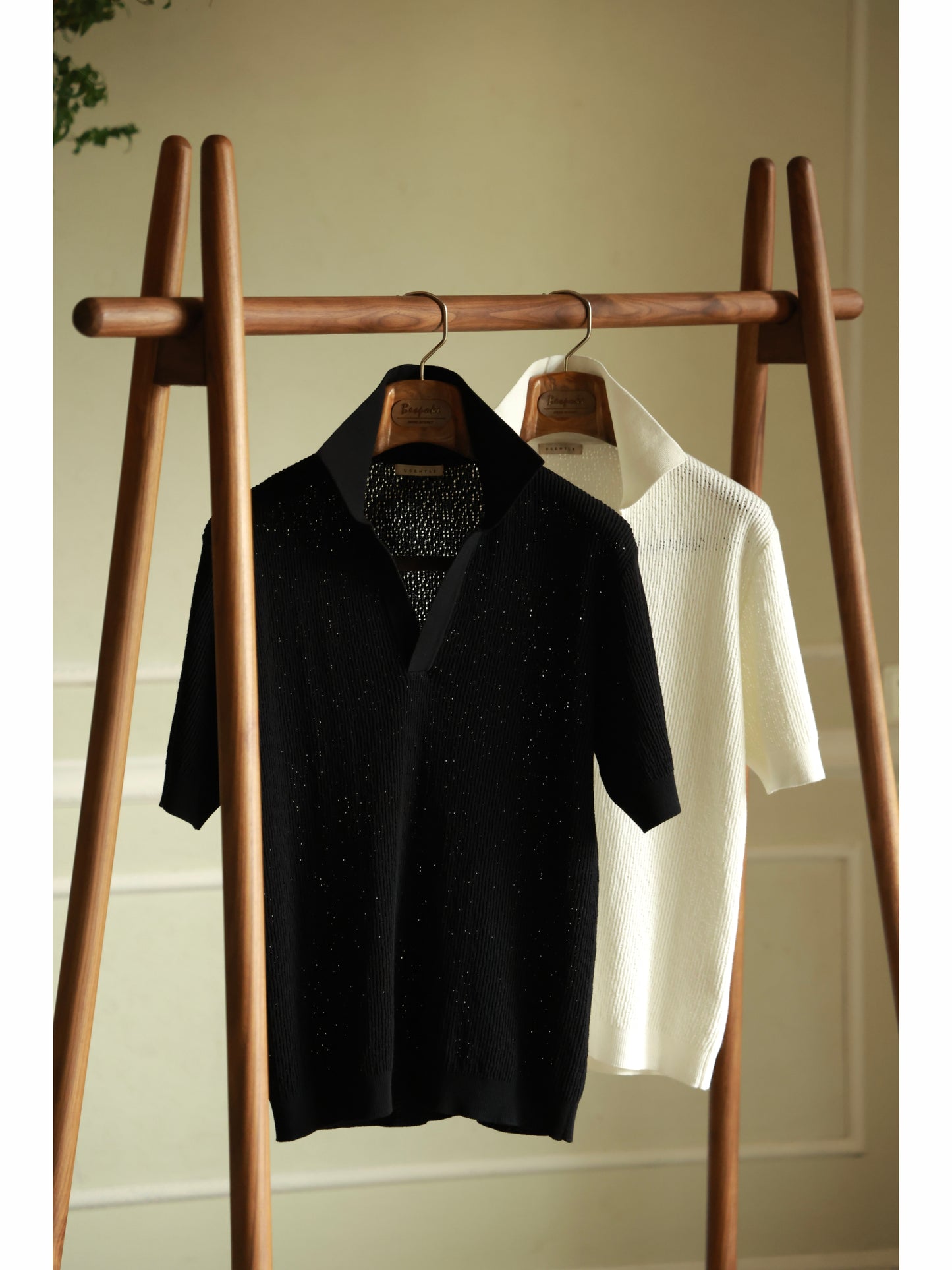 Crochet Open Collar Cotton Knitted Polo Black