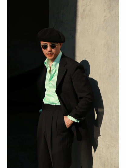 「Midnight Cavalier」Suit Trousers with Italian-style Heavyweight Wool- Linen Blend Parisian Side Adjusters and High-Waisted Double-Pleated