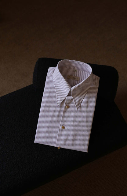 CANCLINI Cotton Handcrafted Long Point Collar Shirt — Terracotta Brown Stripe