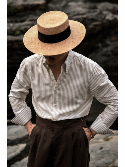 「Oakwood Stripe」Italian-style Button-down Collar Linen-Cotton Casual Gentleman's Long-Sleeve Shirt