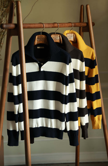 Cashmere Cotton Polo Sweater — Navy & White Bold Stripe