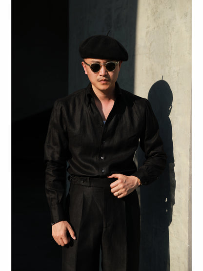 「Midnight Eclipse」Italian-style Vintage Pure linen One-piece Gentleman's Long-Sleeve Shirt