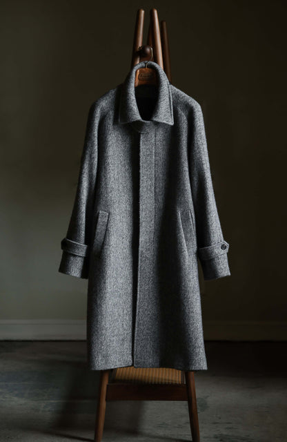Textured Herringbone Balmacaan Overcoat — Stone Trace Grey