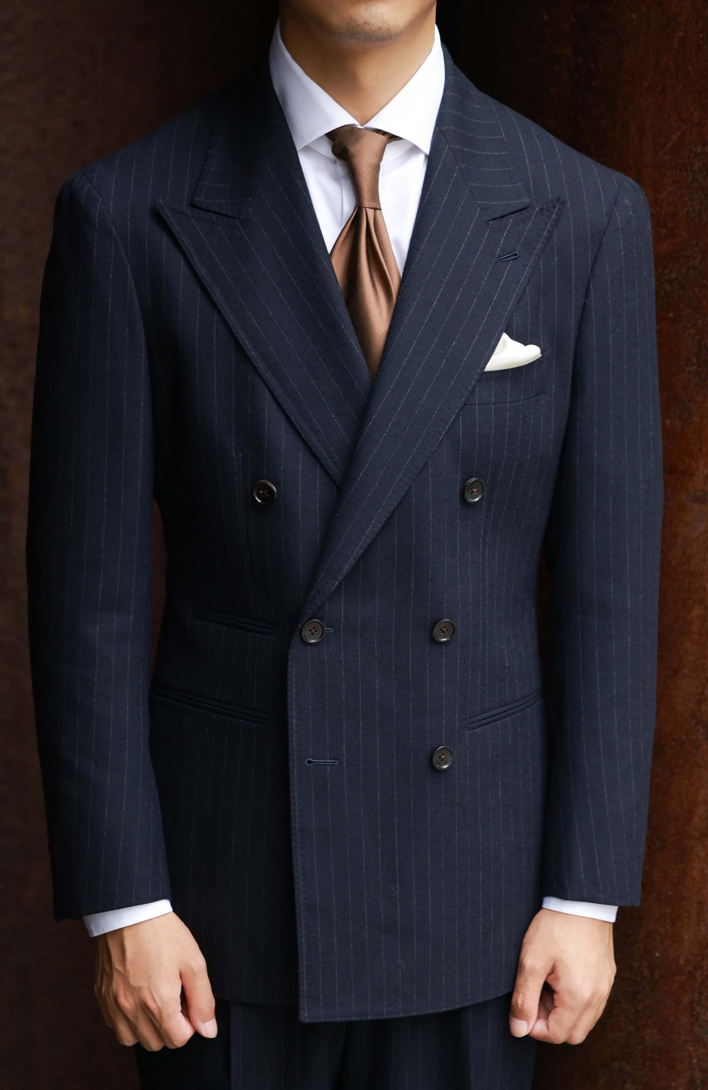 Half-Canvas Double-Breasted Flannel Suit Jacket — Navy Chalk Stripe
