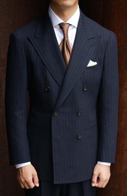 Half-Canvas Double-Breasted Flannel Suit Jacket — Navy Chalk Stripe