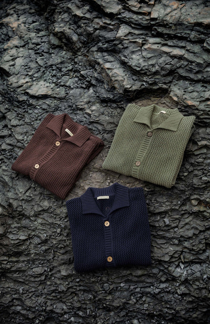 Openwork Hard-Twist Cotton Short-Sleeve Cardigan — Mossy Shadow