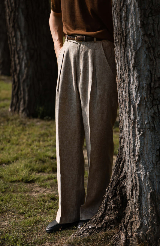 Heavyweight Linen Elasticated Waist with Drawstring Trousers — Dune Beige