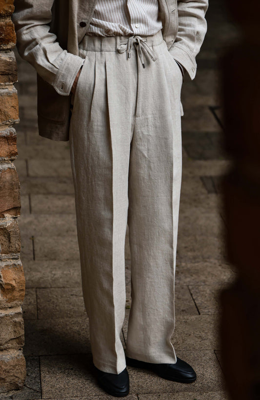 Heavyweight Linen Elasticated Waist with Drawstring Trousers — Harvest Beige