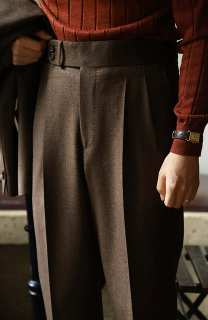 Suit Trousers with Parisian Side Adjusters and High-Waisted — Flannel Cigar Brown