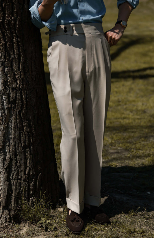 High-Waisted Suit Trousers with Side Adjusters — Sandstone Mist