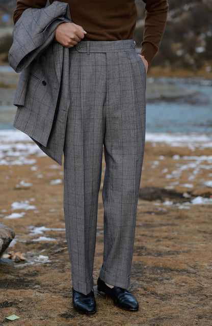 High-Waisted Flannel Suit Trousers with Parisian Side Adjusters — Prince of Wales Check