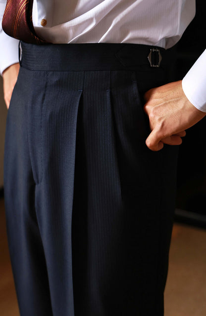 Wool-Silk Herringbone High-Waisted Suit Trousers with Side Adjusters — Abyss Blue