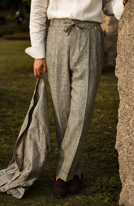 Linen Elasticated High-Waisted Suit Trousers with Drawstring — Moss Field Green