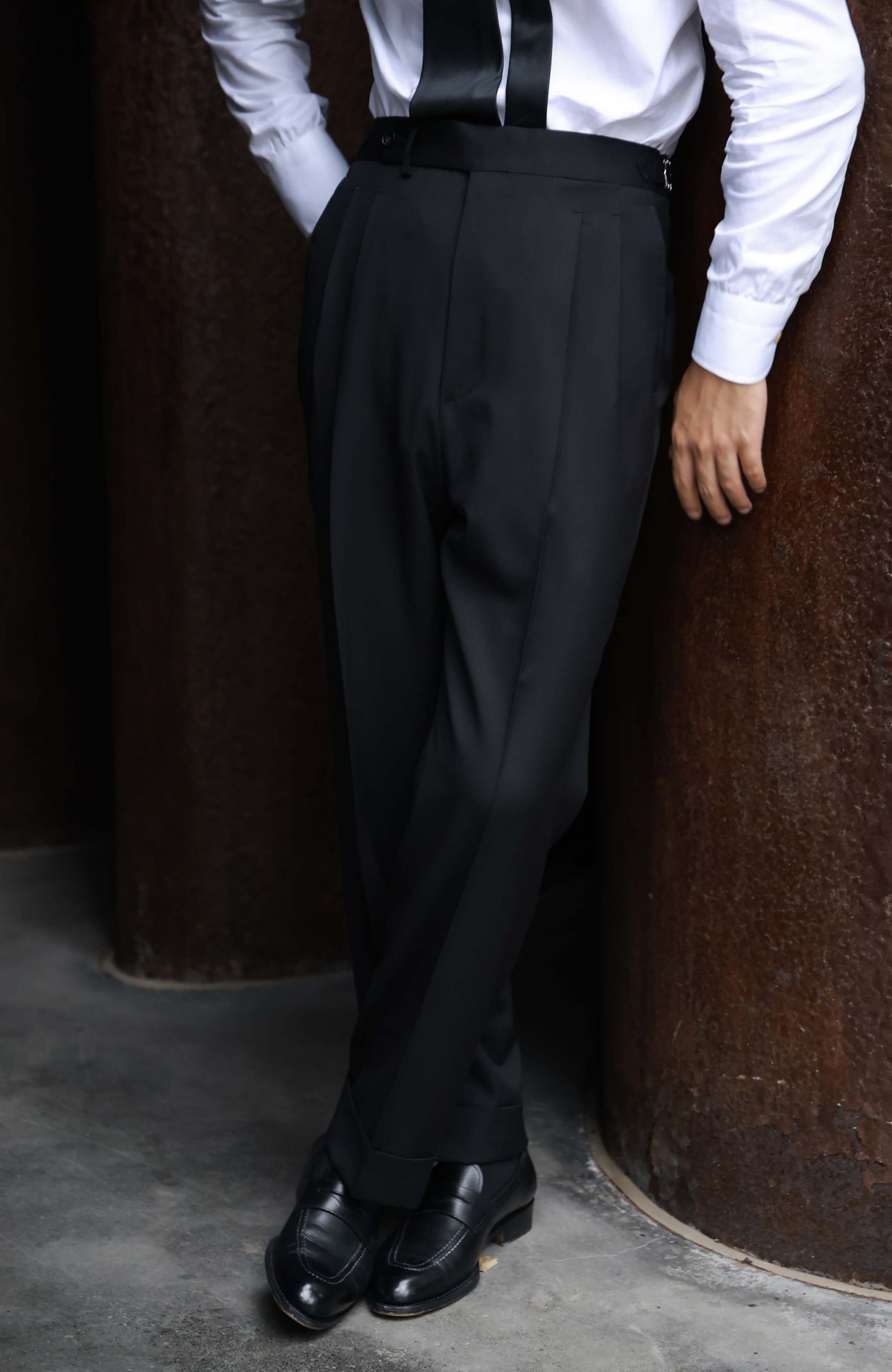 Tollegno 1900 High-Waisted Suit Trousers with Parisian Side Adjusters — Midnight Black